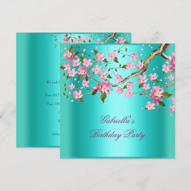 Teal Blue Asian Floral Birthday Party Invitation (Front/Back)