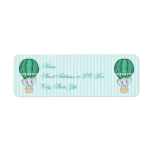 Teal Blue Baby Boy Elephant in Hot Air Balloon Label