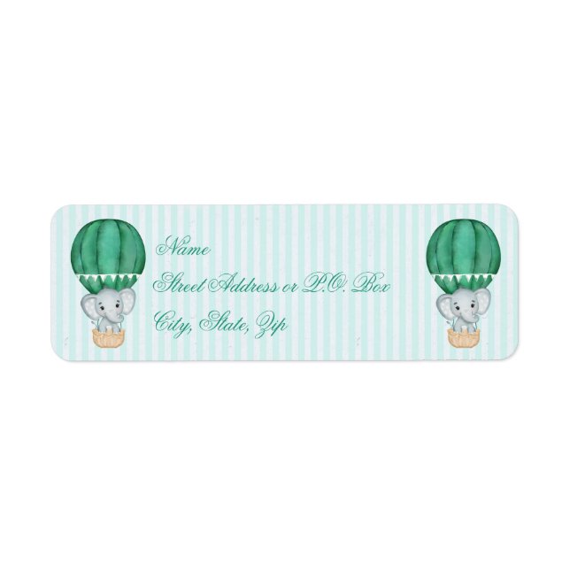 Teal Blue Baby Boy Elephant in Hot Air Balloon   Label (Front)