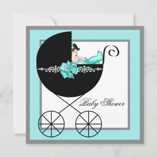 Teal Blue Baby Carriage Baby Shower Invitations