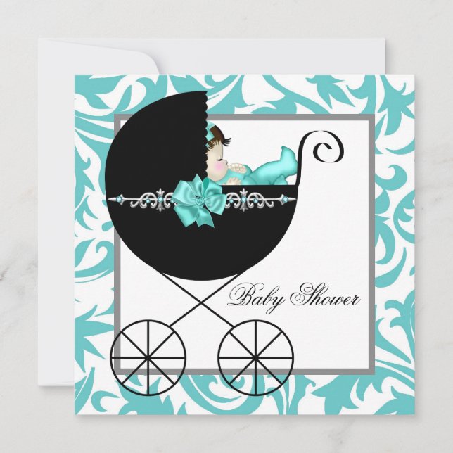 Teal Blue Baby Carriage Baby Shower Invitations (Front)