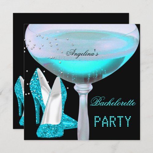 Teal Blue Bachelorette Party Champagne Shoes Invitation