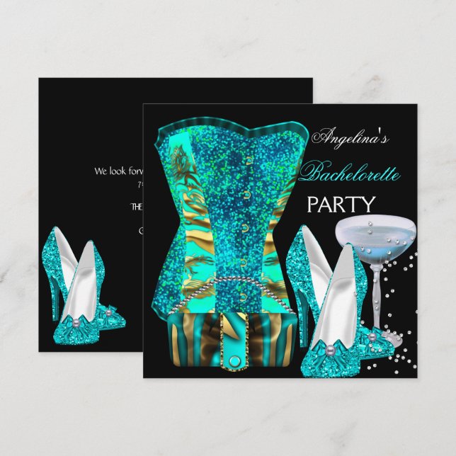Teal Blue Bachelorette Party Shoes Corset Invitation (Front/Back)