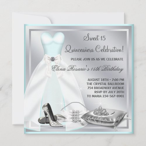 Teal Blue Ball Gown High Heels Teal Quinceanera Invitation