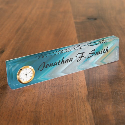 Teal Blue Banded Agate Desk Name Plate With Clock