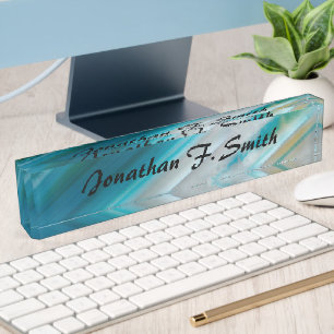 Teal Blue Banded Agate Pattern Personalized Desk Name Plate