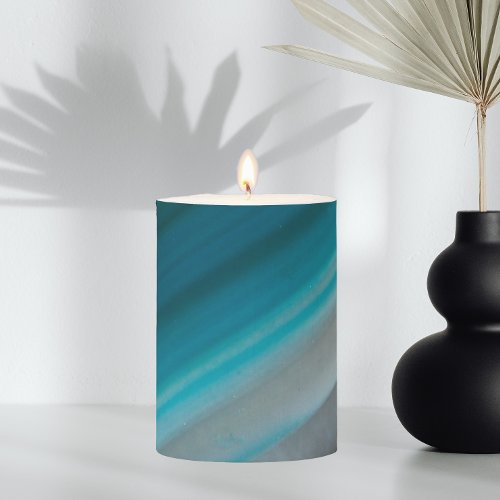 Teal Blue Banded Agate Pattern Pillar Candle