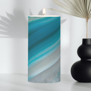 Teal Blue Banded Agate Pattern Pillar Candle
