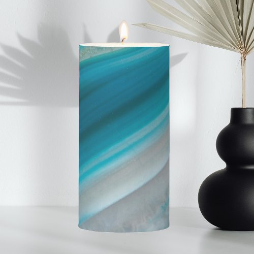 Teal Blue Banded Agate Pattern Pillar Candle