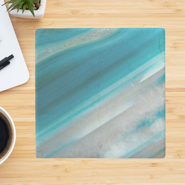 Teal Blue Banded Agate Pattern Stone Coaster (In Situ)