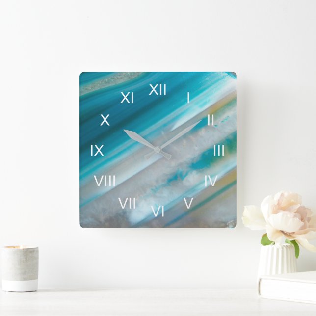 Teal Blue Banded Agate with Roman Numerals Square Wall Clock (Home)