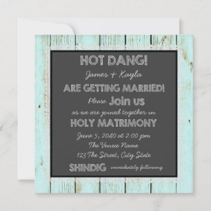 Teal Blue Barn Wood Chalkboard Country Wedding Invitation