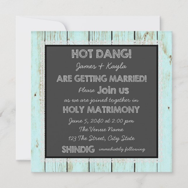 Teal Blue Barn Wood Chalkboard Country Wedding Invitation (Front)