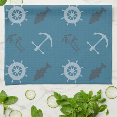 Teal Blue Beach Anchors Palm Trees Kitchen Towel