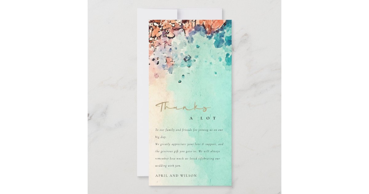 TEAL BLUE BEACH SAND ROCK WATERCOLOR WEDDING THANK YOU CARD | Zazzle
