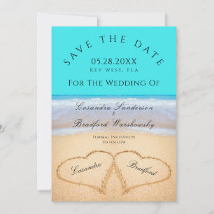 Teal Blue Beach Wedding 2 Hearts in the Sand Invitation