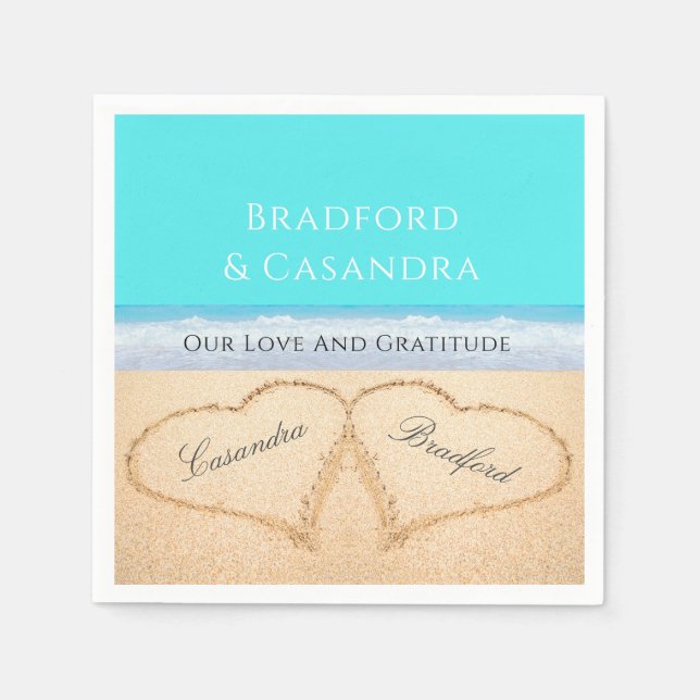Teal Blue Beach Wedding 2 Hearts in the Sand  Napkins (Front)