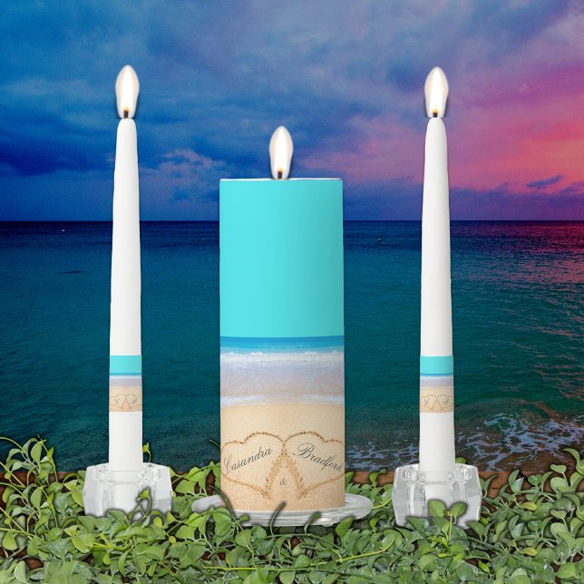 Teal Blue Beach Wedding 2 Hearts in the Sand Unity Candle Set (Creator Uploaded)