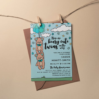 Teal Blue Beary Cute Twin Boys Baby Shower Invitation by Paperpaperpaper at Zazzle