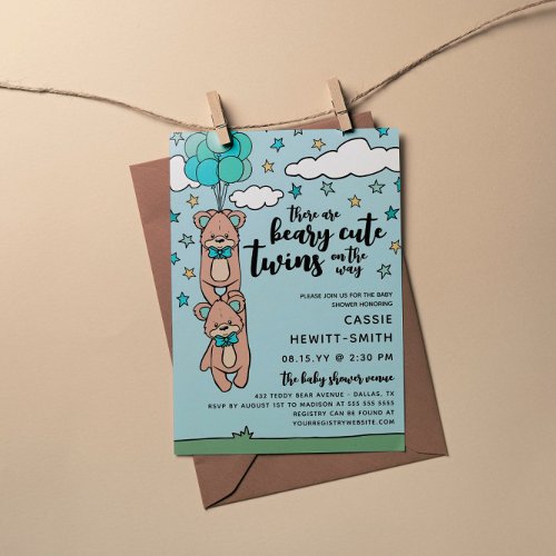 Teal Blue Beary Cute Twin Boys Baby Shower Invitation