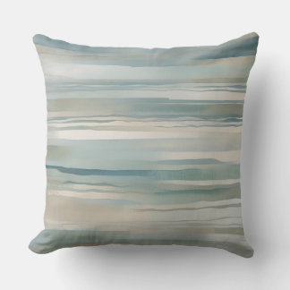 Teal Blue Beige Aqua Ivory Coastal Stripe Throw Pillow