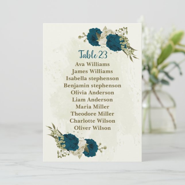 teal blue beige botanical seating chart card (Standing Front)
