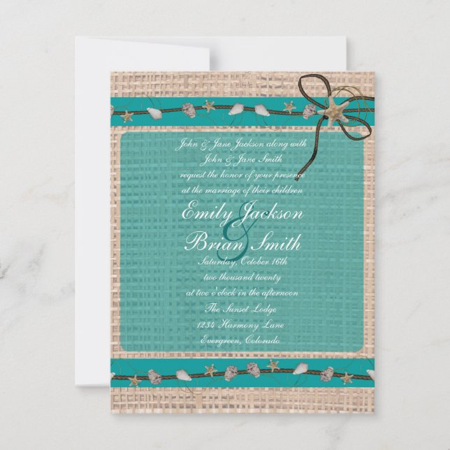 Teal blue beige burlap seashell wedding invitation (Front)