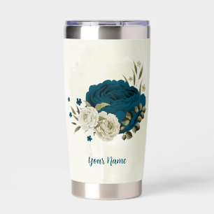 teal blue beige floral botanical insulated tumbler