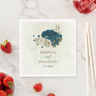 teal blue beige floral botanical wedding napkins
