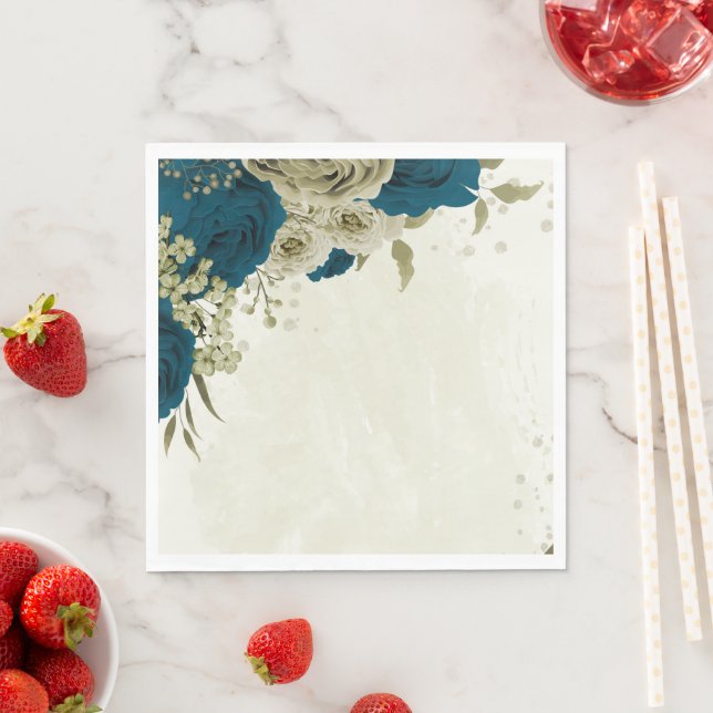 teal blue beige floral botanical wedding napkins (Insitu)