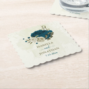 teal blue beige floral botanical wedding paper coaster
