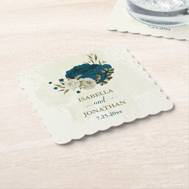 teal blue beige floral botanical wedding paper coaster (Angled)