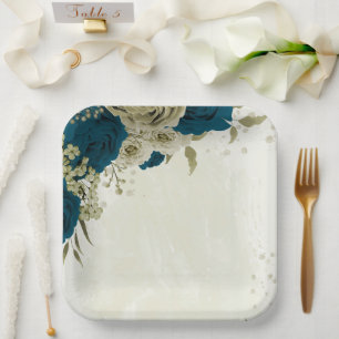 teal blue beige floral botanical wedding paper plates