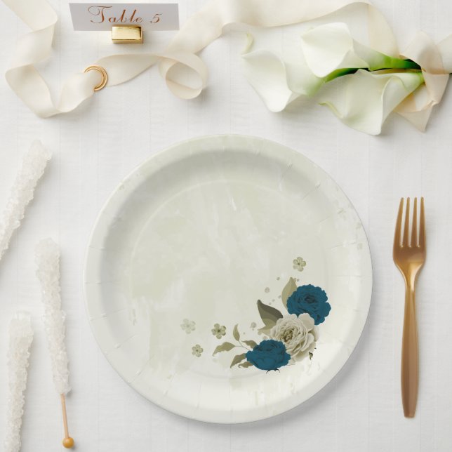 teal blue beige floral botanical wedding paper plates (Wedding)