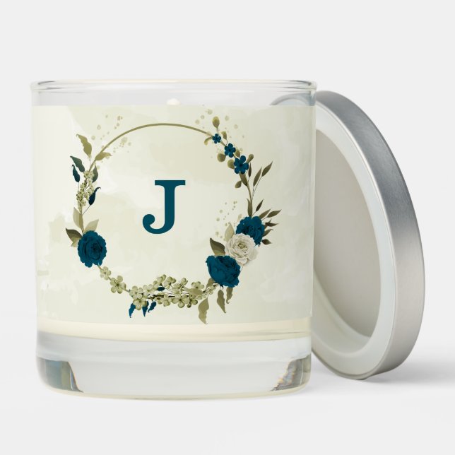 teal blue beige floral botanical wedding scented candle (Lid)