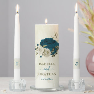teal blue beige floral botanical wedding unity candle set
