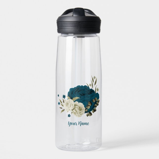 teal blue beige floral botanical wedding water bottle (Front)