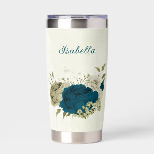 teal blue beige floral insulated tumbler