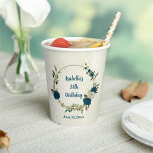 teal blue beige floral  paper cups