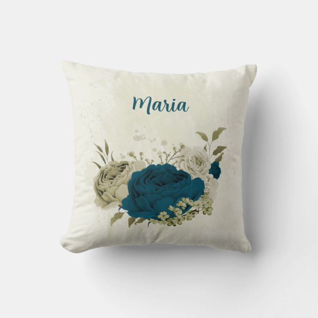 teal blue beige floral throw pillow (Front)
