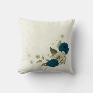 teal blue beige floral throw pillow