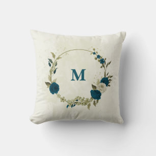 teal blue beige floral throw pillow