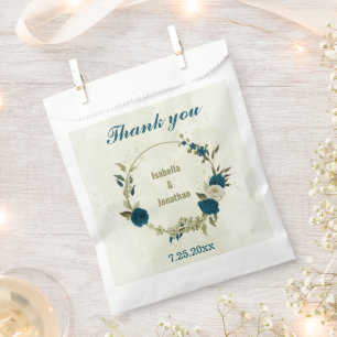 teal blue beige floral wedding  favor bag