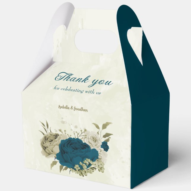 teal blue beige floral wedding  favor boxes (Front)