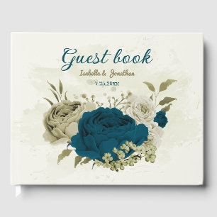 teal blue beige floral wedding  guest book