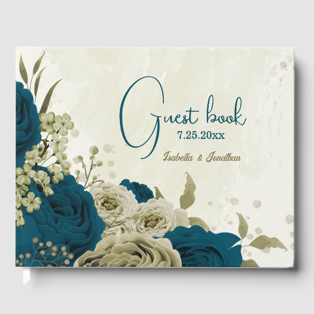 teal blue beige floral wedding  guest book (Front)