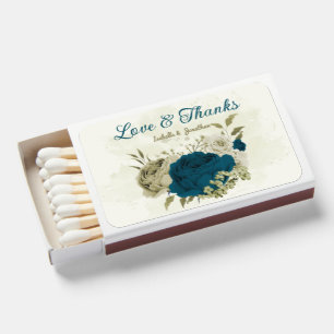 teal blue beige floral wedding  matchboxes