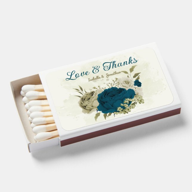 teal blue beige floral wedding  matchboxes (Front Open)