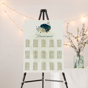 teal blue beige floral wedding seating chart foam board