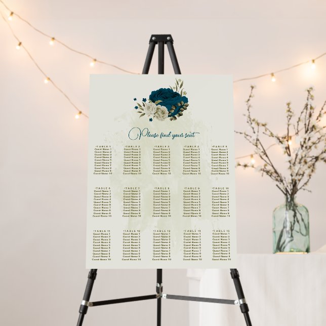 teal blue beige floral wedding seating chart foam board (In Situ (Stand))
